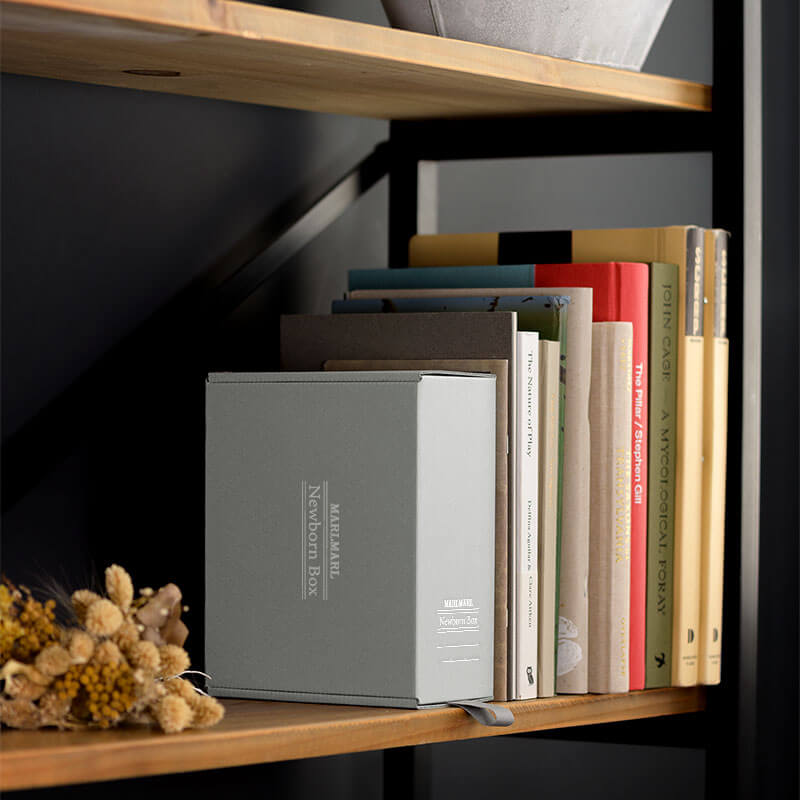 MARLMARL Archival Storage Boxesを本棚にディスプレイした画像