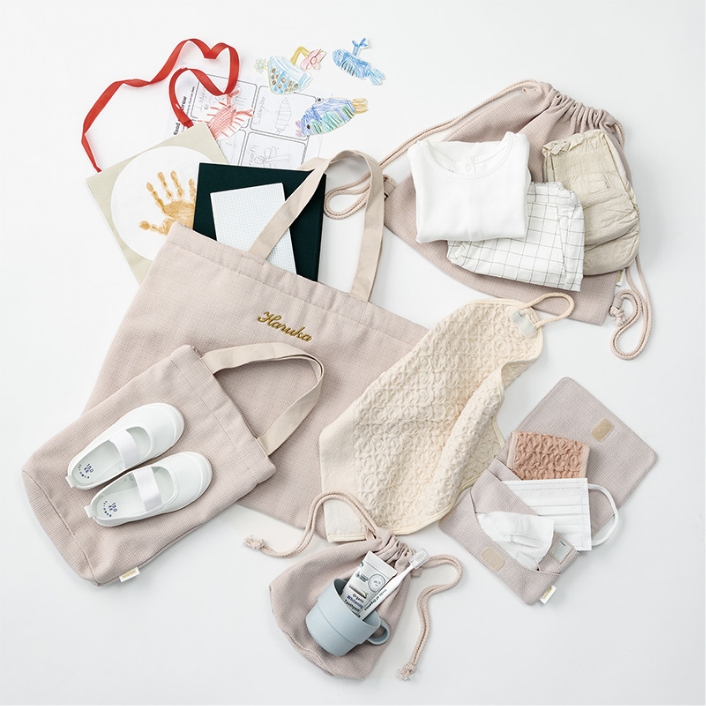 入園セット レッスンバッグ、シューズバッグ、コップ入れ、ナップサック、ループタオル、移動ポケット、ミニタオル