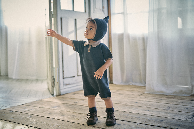 【MARLMARL】ニットロンパースknit polo rompers ai knit polo rompers shiro | ギフト・スタイ・出産祝いのMARLMARL